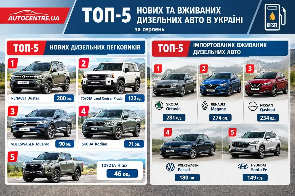 ТОП-5 нових та вживаних дизельних авто в Україні за серпень